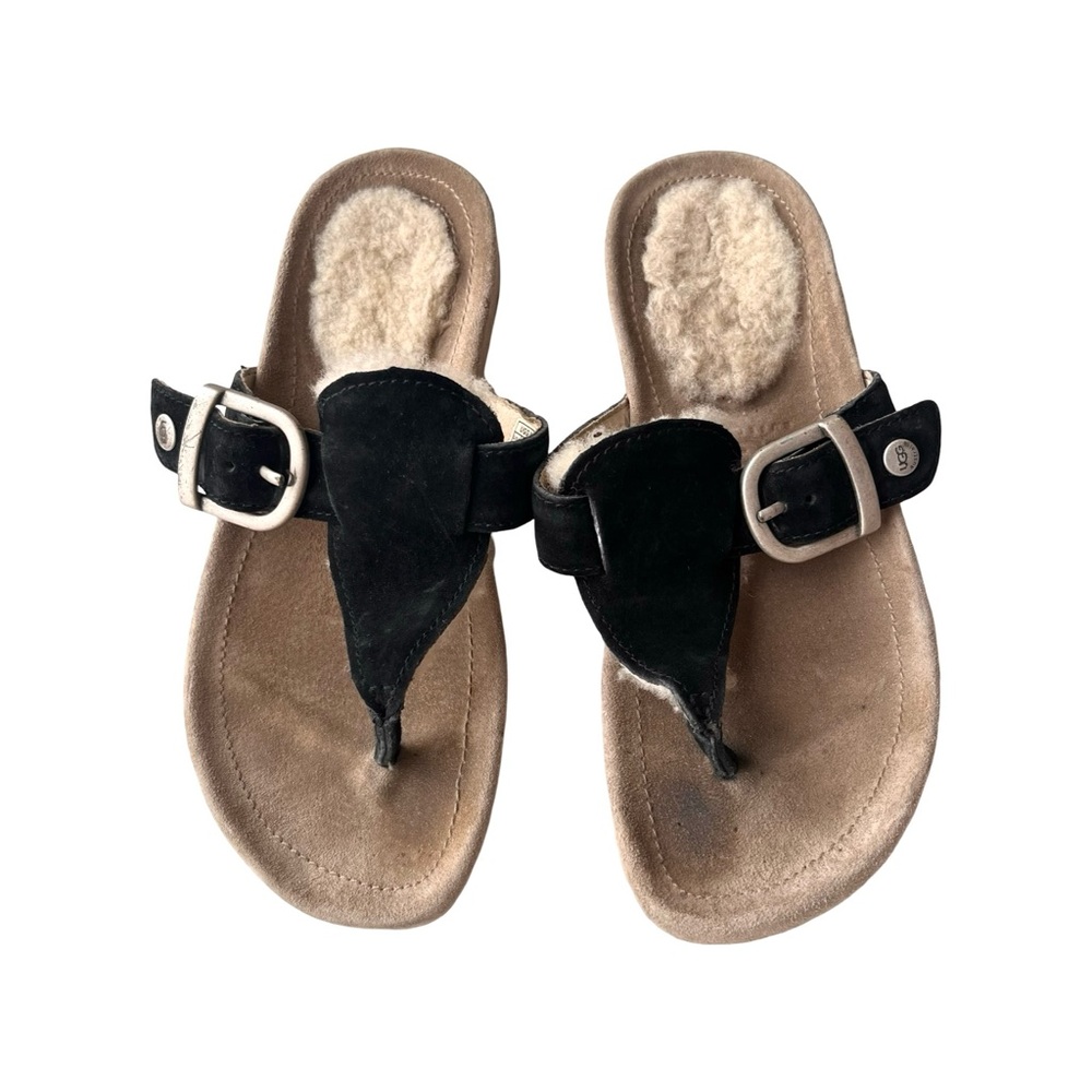 UGG Gypsy Black Leather Sheepskin Buckle Slip On Flat Women's Sandals US 5